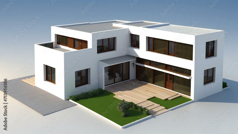 3d house model rendering on white background, 3D illustration modern cozy house. Concept for real estate or property. 3d house model rendering on white background, 3D illustration modern cozy house. Concept for real estate or property.