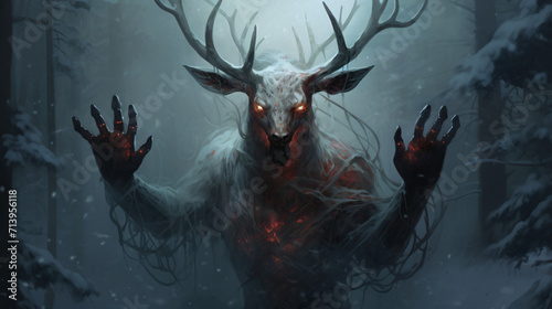 A snowy creature with red eyes and a deers head photo