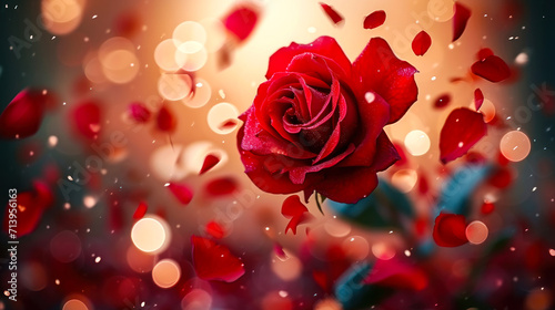 A single red rose in full bloom amidst a whirl of falling petals  captured in a dreamy bokeh of lights  evoking romance and the ethereal beauty of love
