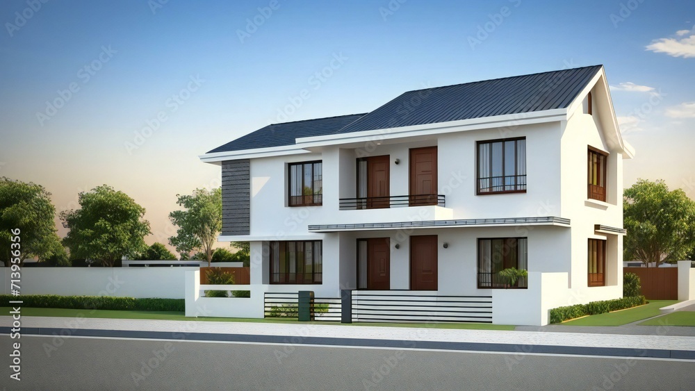 3d house model rendering on white background, 3D illustration modern cozy house. Concept for real estate or property.