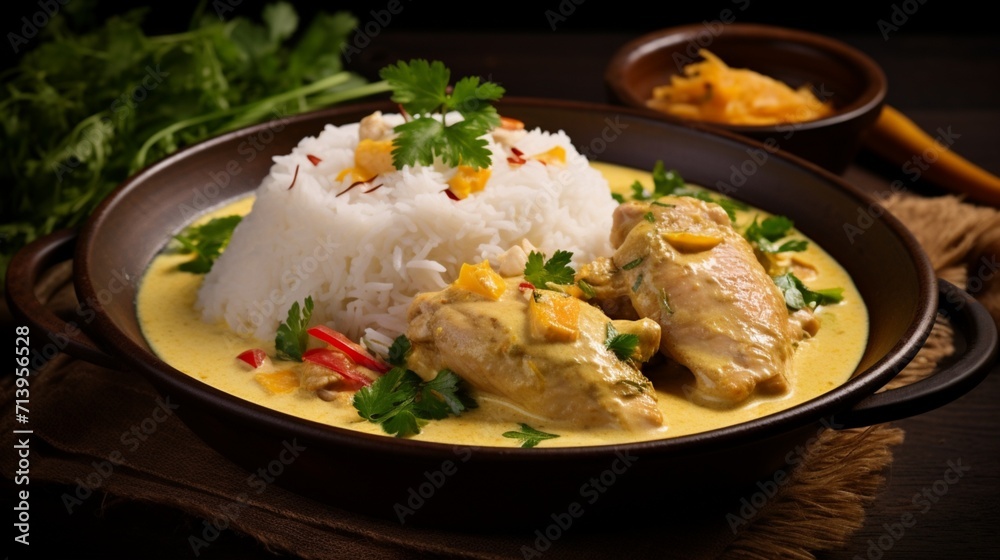 Aromatic chicken curry in a vibrant coconut milk broth, served with basmati rice. Aromatic chicken curry in a vibrant coconut milk broth, served with basmati rice.