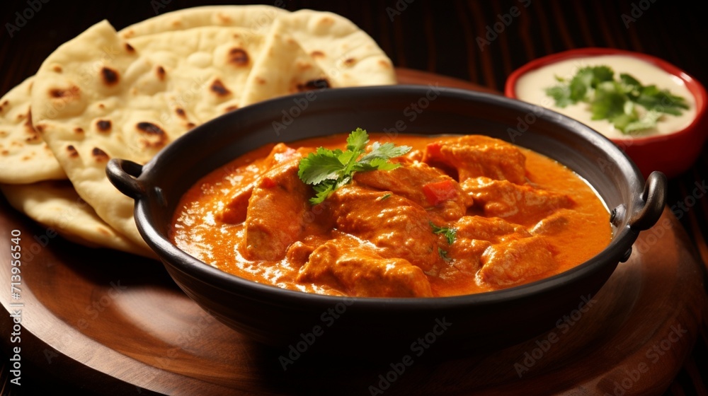 Aromatic Indian butter chicken curry served with naan bread for dipping. Aromatic Indian butter chicken curry served with naan bread for dipping.