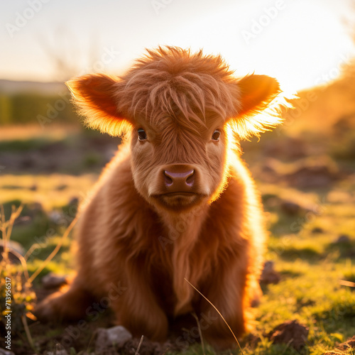 Cute Baby Highland Cow, close up photography with the sun shining through his hairs.