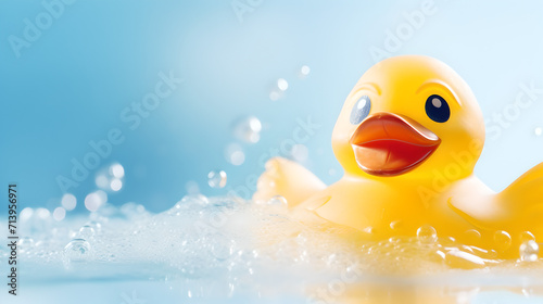 close up of adorable yellow rubber duck swimming in water  before a light blue background with soap bubbles