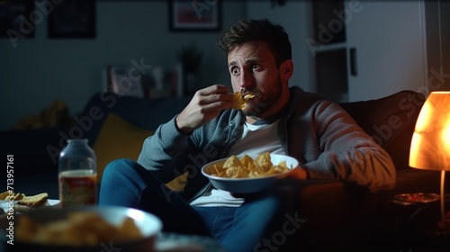 Caucasian young guy sitting on sofa at night in dark living room, eating potato chips and drinking beer. Male football fan is angry as favorite team loosing or missing goal. photo