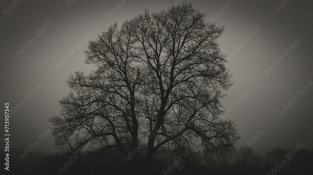 Silhouette of a Bare Tree Against a Misty Sky at Twilight Silhouette of a Bare Tree Against a Misty Sky at Twilight
