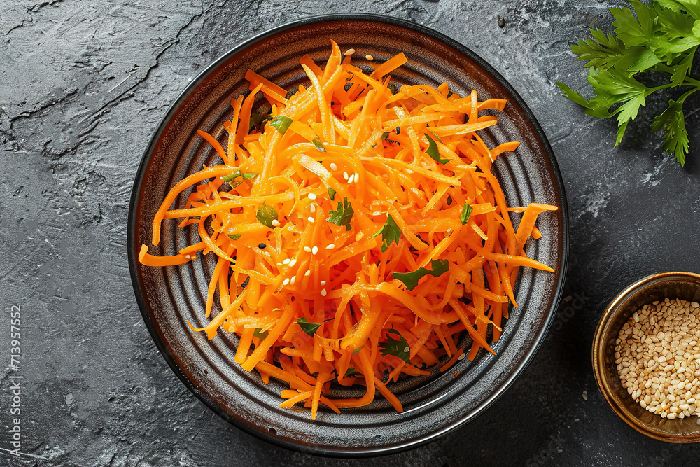 Salad of fresh shredded carrots in a white brown next to a Carrot