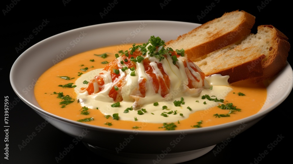Creamy lobster bisque soup garnished with chives and a drizzle of cream.