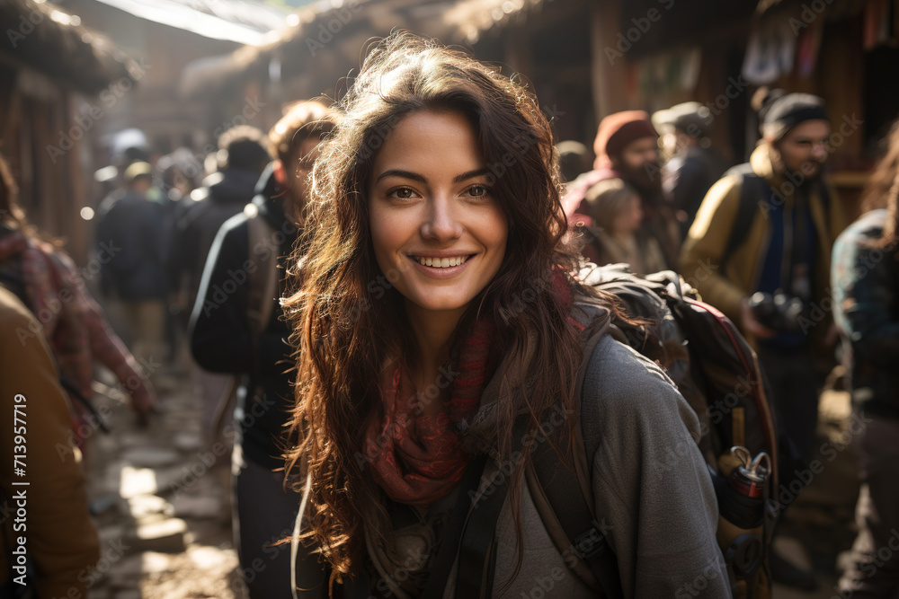 Smiling traveller with backpack exploring a bustling market street.