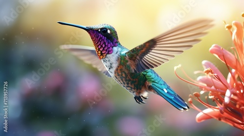 A vibrant hummingbird hovers in mid air showcasing its iridescent beauty generated by artificial intelligence © SazzadurRahaman