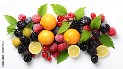 Composition of assortment fresh fruits. Vibrant variety of citrus fruits on bed of blackberries and raspberries on white background with copy space. Ai generated © lensofcolors