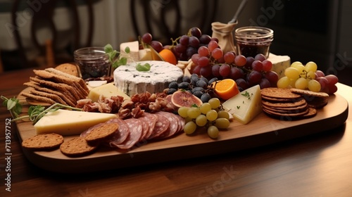 Elegant charcuterie board with an assortment of cheeses, meats, and crackers.