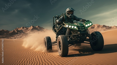 Racing a quad bike in the desert.