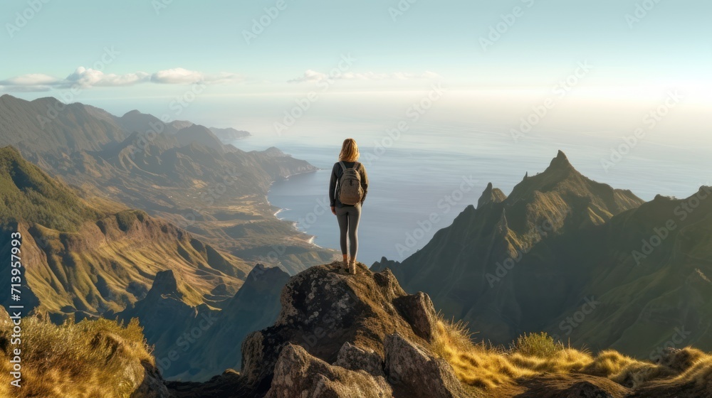 Beautiful tuorist woman stay on point of the island Madeira. View from Pico Ruivo in Madeira the highest in Portugal. - obrazy, fototapety, plakaty 