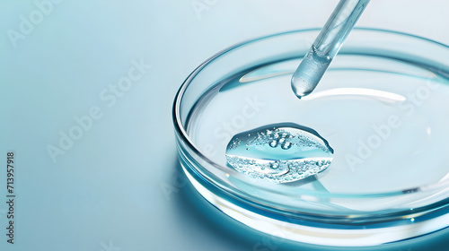 Pipette with sample of cosmetic product in petri dish on blue background, selective focus photo