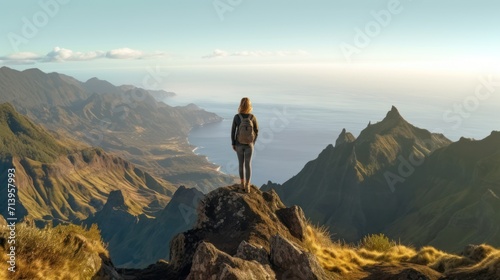 Beautiful tuorist woman stay on point of the island Madeira. View from Pico Ruivo in Madeira the highest in Portugal. photo