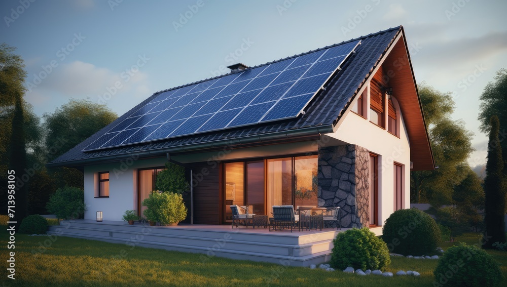 Modern Eco-Friendly Home with Solar Panels Overlooking a Pool - Generative AI Modern Eco-Friendly Home with Solar Panels Overlooking a Pool - Generative AI