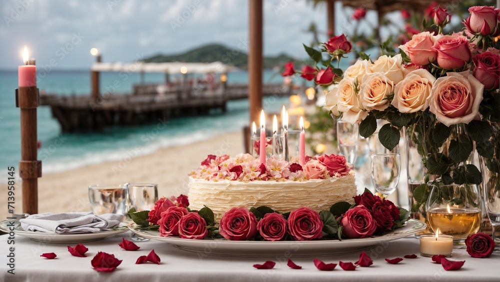 A sumptuous birthday celebration decorated with gorgeous rose petals and chic decorations on a tropical beach with the ocean visible in the distance.