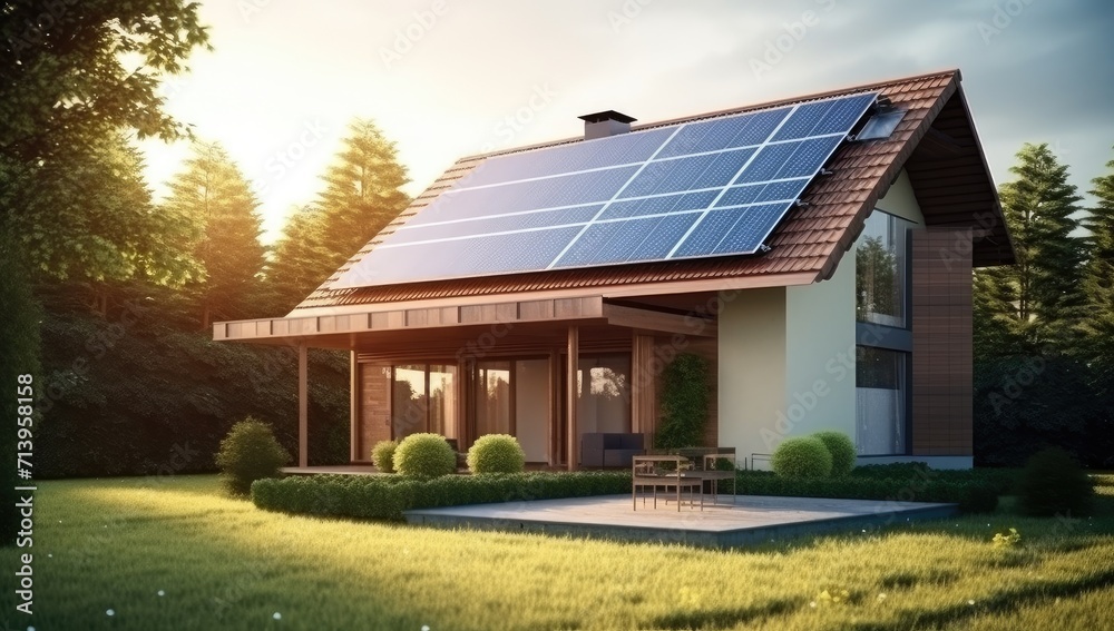 Modern Eco-Friendly Home with Solar Panels Overlooking a Pool - Generative AI Modern Eco-Friendly Home with Solar Panels Overlooking a Pool - Generative AI