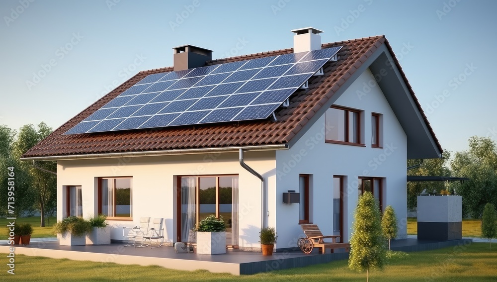 Modern Eco-Friendly Home with Solar Panels Overlooking a Pool - Generative AI