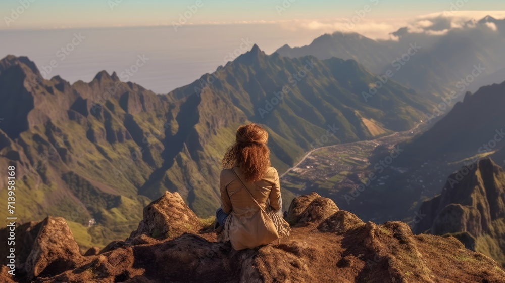 Beautiful tuorist woman stay on point of the island Madeira. View from Pico Ruivo in Madeira the highest in Portugal.