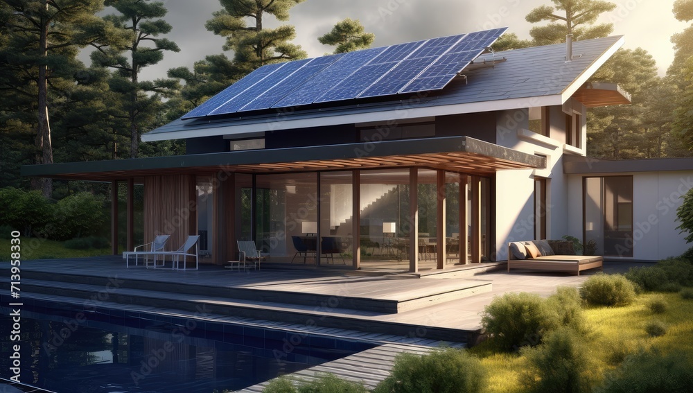 Sustainable Modern Living: Eco-Friendly House with Solar Panels - Generative AI