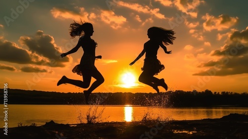Back view of two girls friend jumping during the sunset. silhouette.