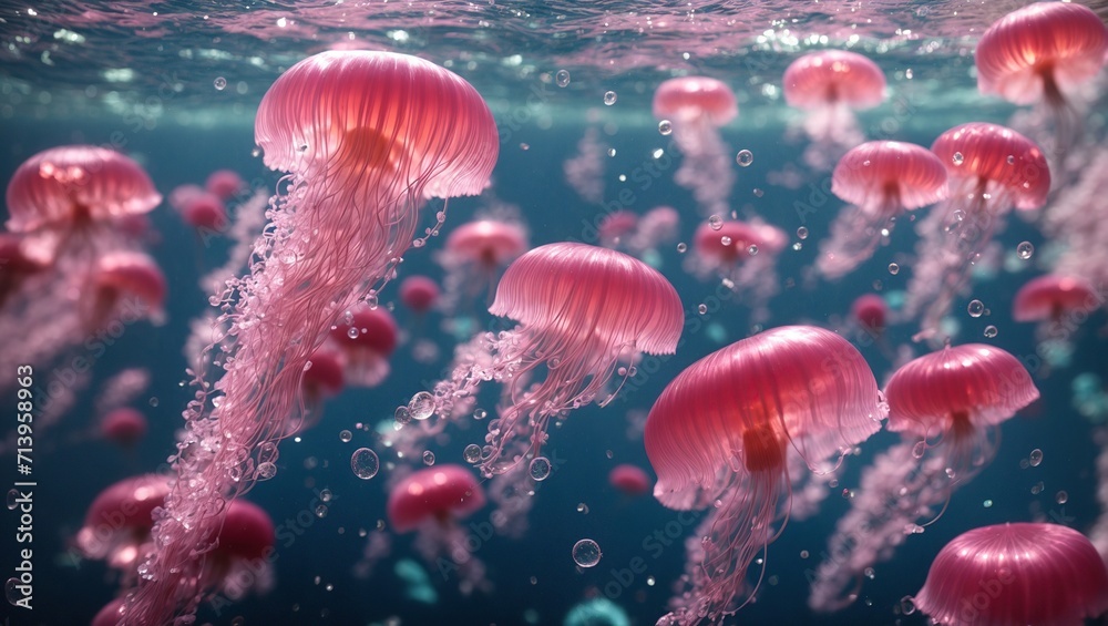 pink transparent jellyfishes swimming underwater of blue sea with bubbles pink transparent jellyfishes swimming underwater of blue sea with bubbles