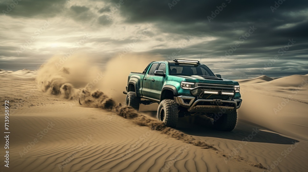 Off road vehicle in the sand desert at sunset Off road vehicle in the sand desert at sunset