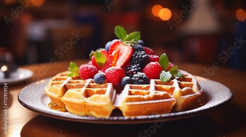 Plate of golden-brown Belgian waffles topped with fresh berries and maple syrup.