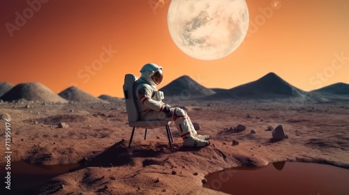 Astronaut in a suit sits on the surface of a planet in a chair. Resting after the flight. photo