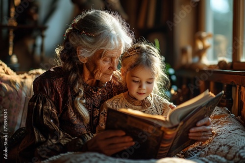 grandmother reading book out to her granddaughter 