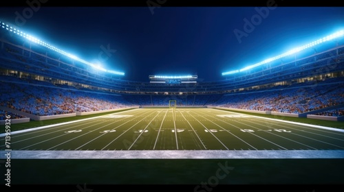 American football stadium 3d with bright floodlights at night. grass field and blurred fans at playground view.