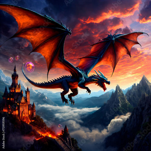 The Grandiose Dragon: A Fantasy and Magical Image of a Massive Dragon Flying and Breathing Fire over a Gothic Castle and Rocky Mountains
