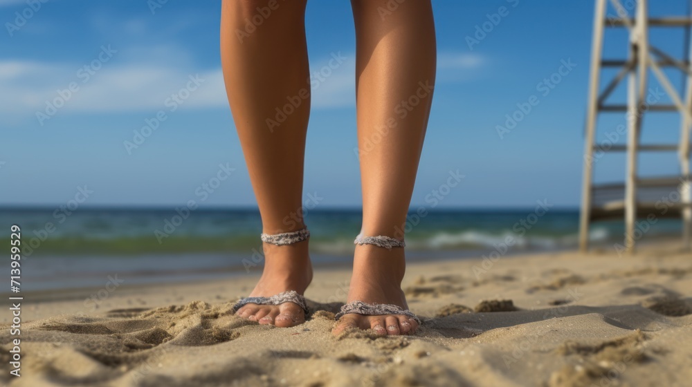 Detailed shot capturing the movement of a woman's legs as she walks along the sunlit sandy shore. Detailed shot capturing the movement of a woman's legs as she walks along the sunlit sandy shore.