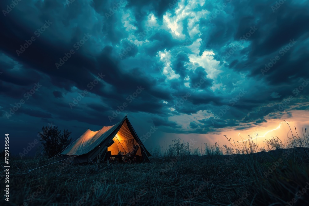 Thunderstruck Camping: Imagine a Tent Silhouetted Against a Dramatic Sky Filled with Thunderclouds and Lightning, Adding Excitement to the Camping Experience Amidst the Stormy Weather.

