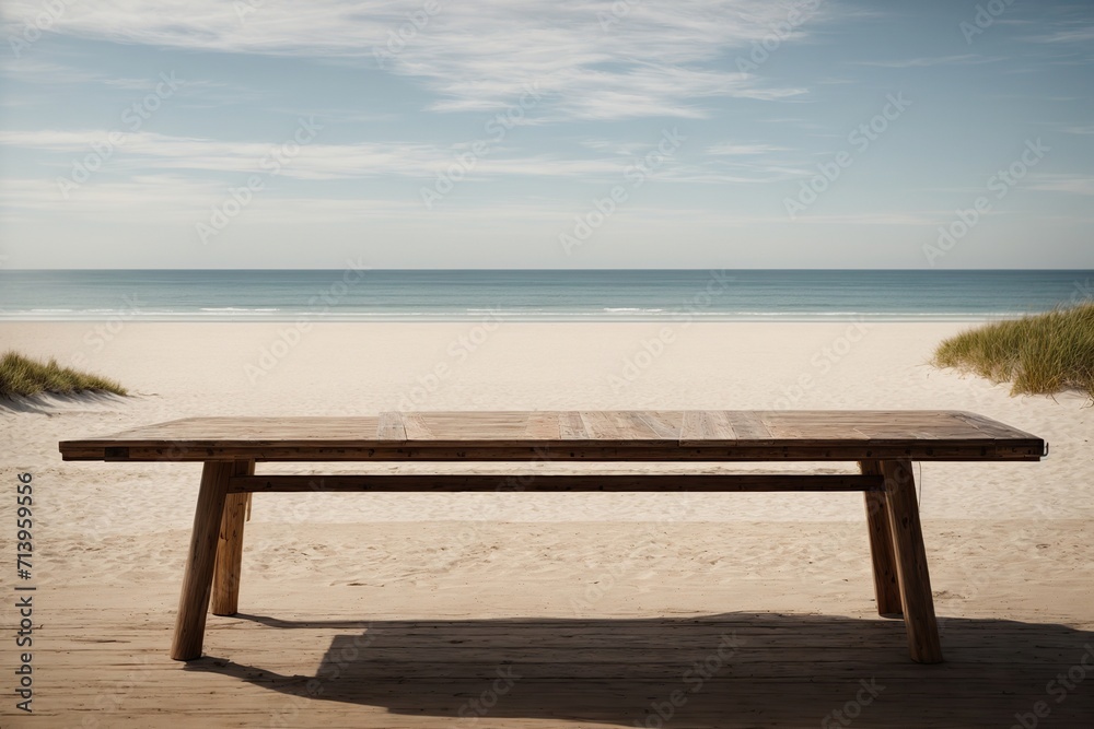 a long wooden table with beach landscape