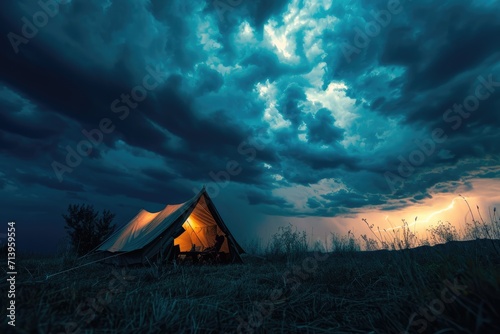 Thunderstruck Camping: Imagine a Tent Silhouetted Against a Dramatic Sky Filled with Thunderclouds and Lightning, Adding Excitement to the Camping Experience Amidst the Stormy Weather.