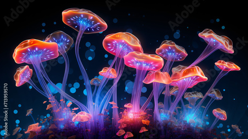 Magical neon mysterious mushrooms. © Rimsha