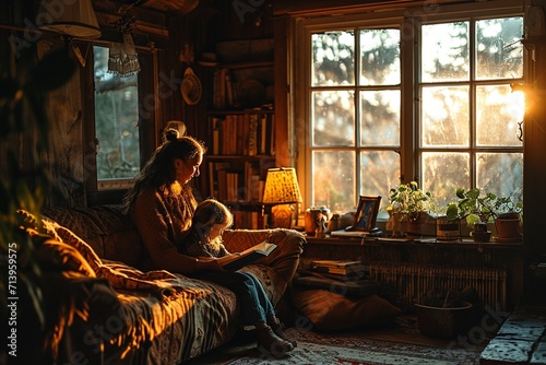 grandmother reading book out to her granddaughter 