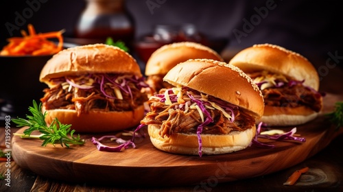 Tender slow-cooked pulled pork sliders with coleslaw on a wooden serving board.