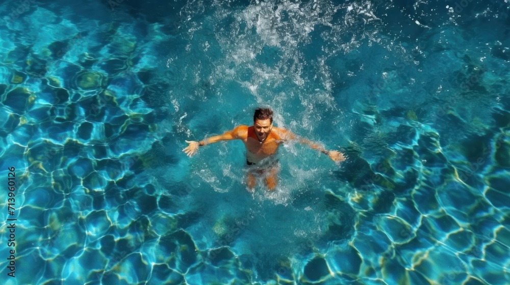 Aerial Top View Male Swimmer Swimming in Swimming Pool. Professional Athlete Training for the Championship,