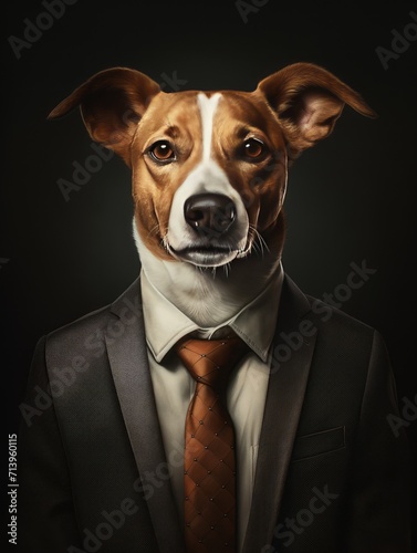A professional Dog Jack Russell Terrier dressed in a suit and tie. formal or business-related concept
