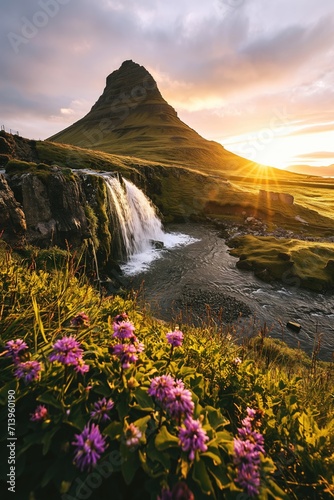 Kirkjufellsfoss Waterfall Graced by the Beauty of Many Blooming Flowers in the Foreground  Creating a Serene Atmosphere Amidst the Icelandic Landscape
