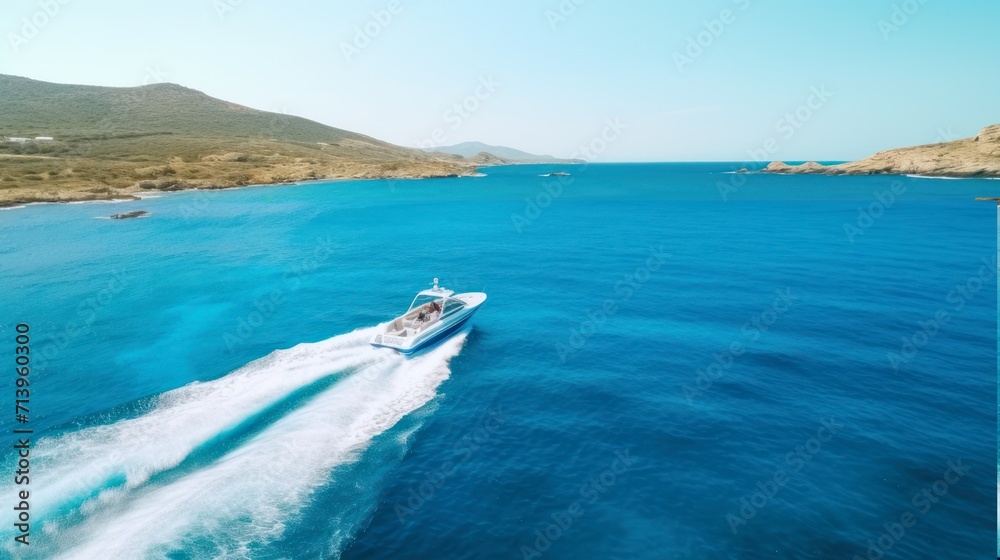 Aerial drone ultra wide photo with copy space of luxury rigid inflatable speed boat cruising in high speed in Aegean deep blue sea,