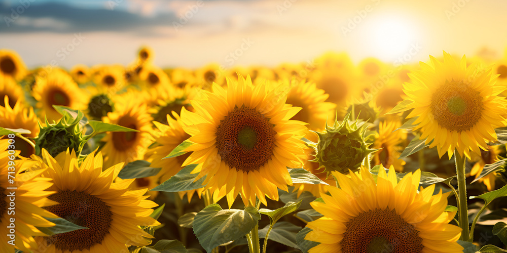 Beautiful sunflowers in the field natural background, sunflower blooming.
