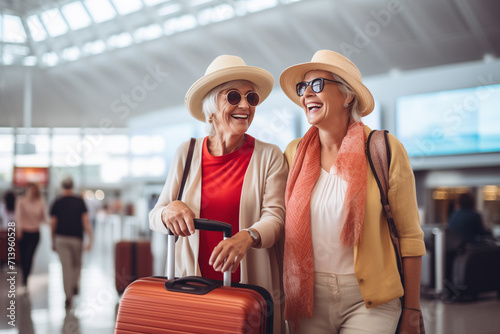 Two senior women at the airport, each with a suitcase, embarking on a journey as companions photo