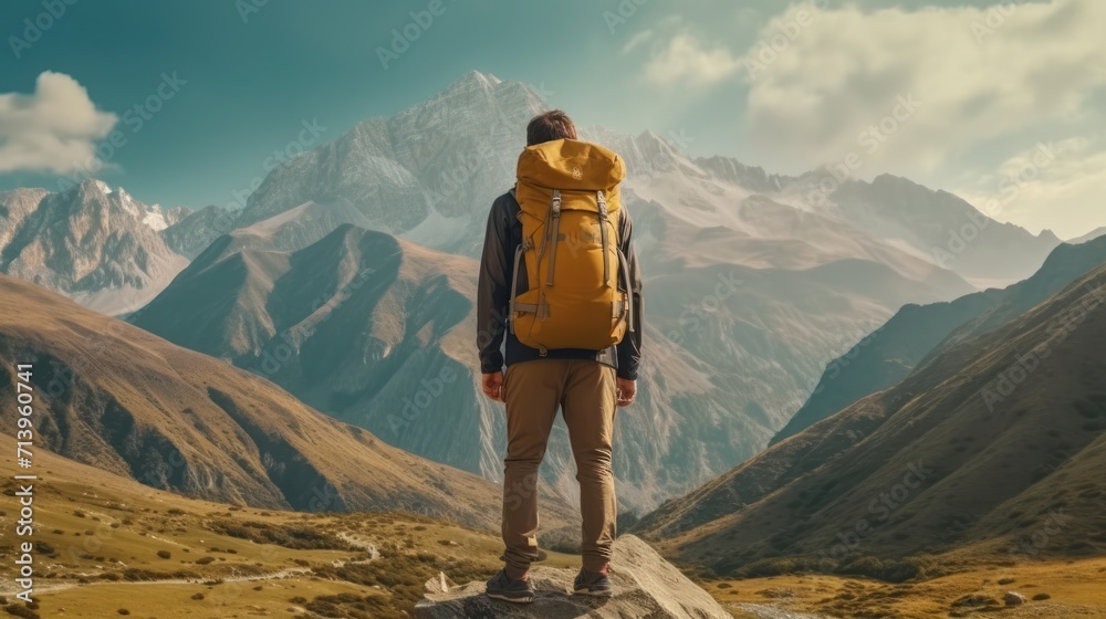 A young man looking at a big beautiful mountain that he is going to climb, An alpinist or a climber looking towards a big rock wall that he is going to climb.