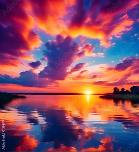 Breathtaking Sunset Over Calm Lake with Vivid Colors Reflecting in the Water
