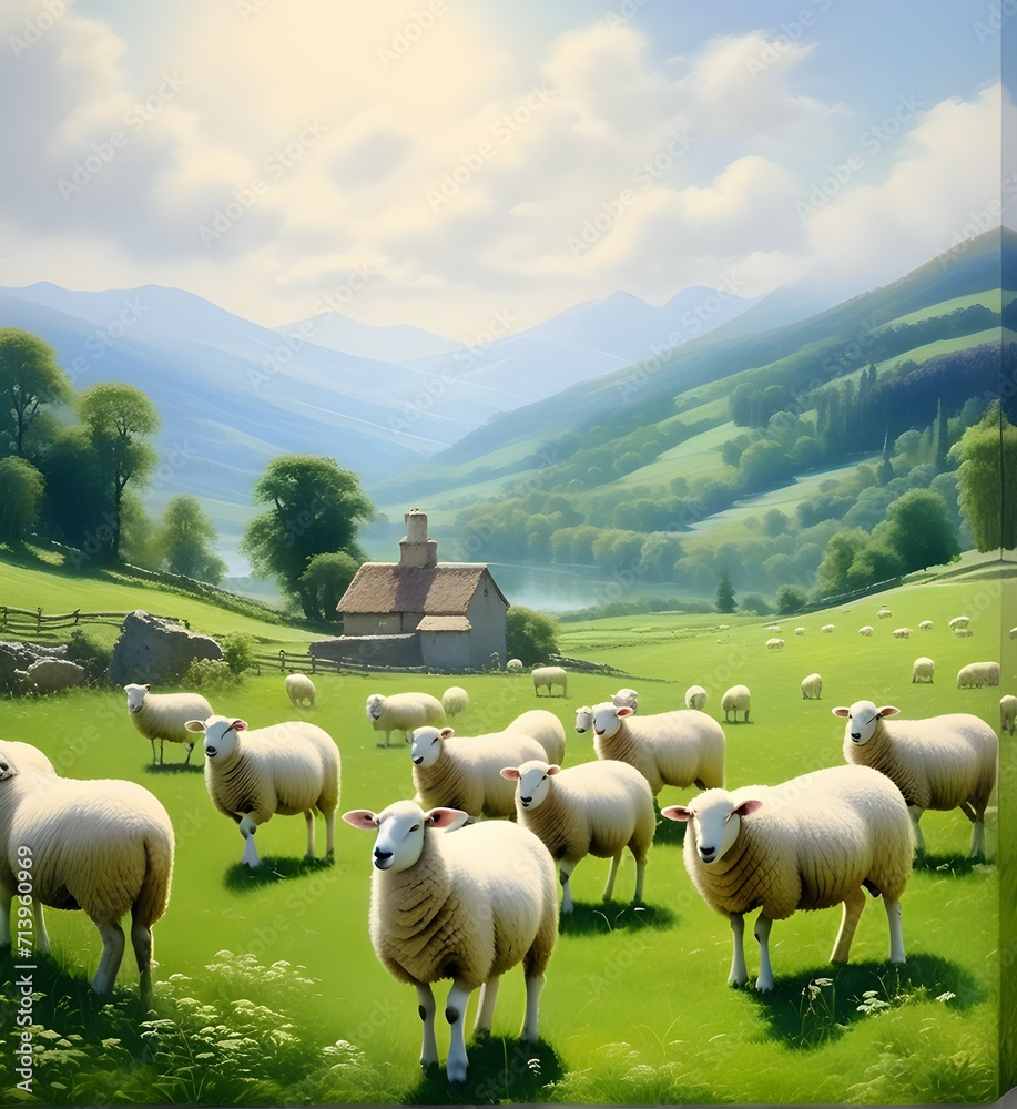 A Flock of Sheep Grazing in the Lush Green Valley